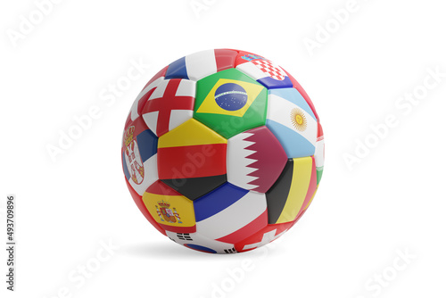 Soccer ball with world championship flags isolated on white background. 3d illustration.