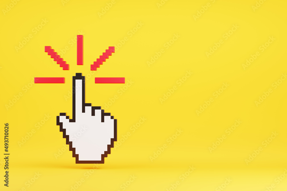 Fototapeta premium Hand cursor clicking isolated on yellow background with copy space. 3d illustration.