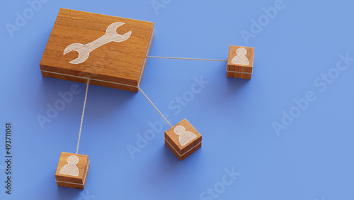 Configure Technology Concept with tool Symbol on a Wooden Block. User Network Connections are Represented with White string. Blue background. 3D Render. photo