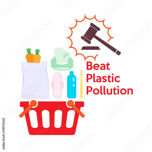 Beat plastic pollution by legislation to restrict plastic use in manufacturing process, helping to reduce plastic consumption. Vector illustration outline flat design style.