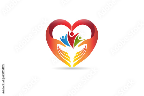 Logo hands care family people inside of a love heart shape identity id business card vector image design