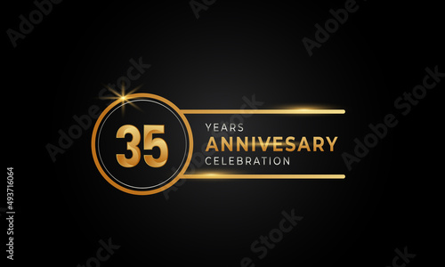 35 Year Anniversary Celebration Golden and Silver Color with Circle Ring for Celebration Event, Wedding, Greeting card, and Invitation Isolated on Black Background