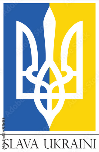 Print of Ukraine flag with trident symbol. Slava Ukraini,  stopWAR and support for ukraine people.  © Vtor