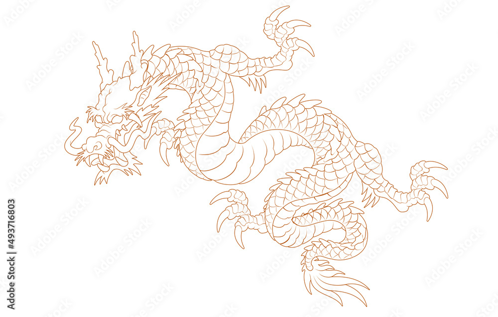 Fototapeta premium Oriental painting dragon illustration tattoo transfer line side ascending gold