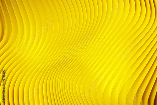 3d illustration of a stereo purple  strip . Geometric stripes similar to waves. Abstract yellow  glowing crossing lines pattern