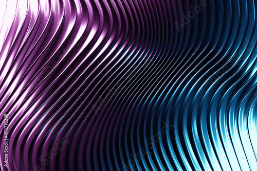 3d illustration of a stereo strip of different colors. Geometric stripes similar to waves. Abstract  blue and pink glowing crossing lines pattern