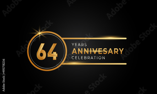 64 Year Anniversary Celebration Golden and Silver Color with Circle Ring for Celebration Event, Wedding, Greeting card, and Invitation Isolated on Black Background
