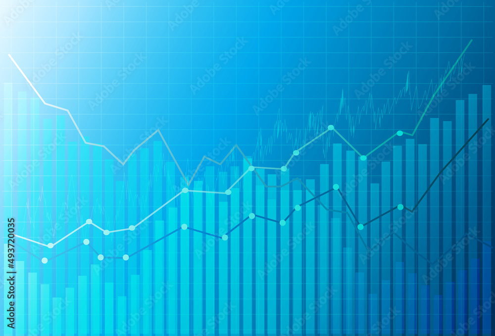 business chart with uptrend line graph Bar graph and bull market figures on white and blue background