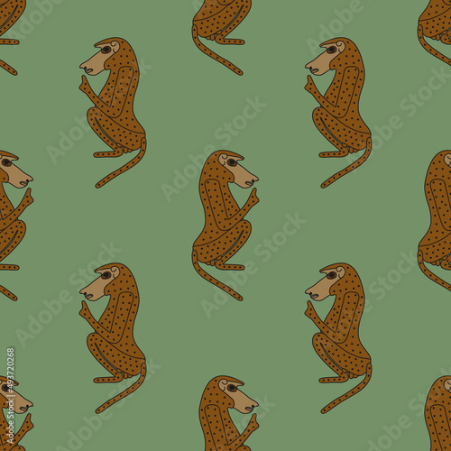 Seamless animal pattern with stylized seated male hamadryas baboon monkey or ape. Ancient Egyptian animal design. Embodiment of god Thoth. Brown silhouettes on green background.