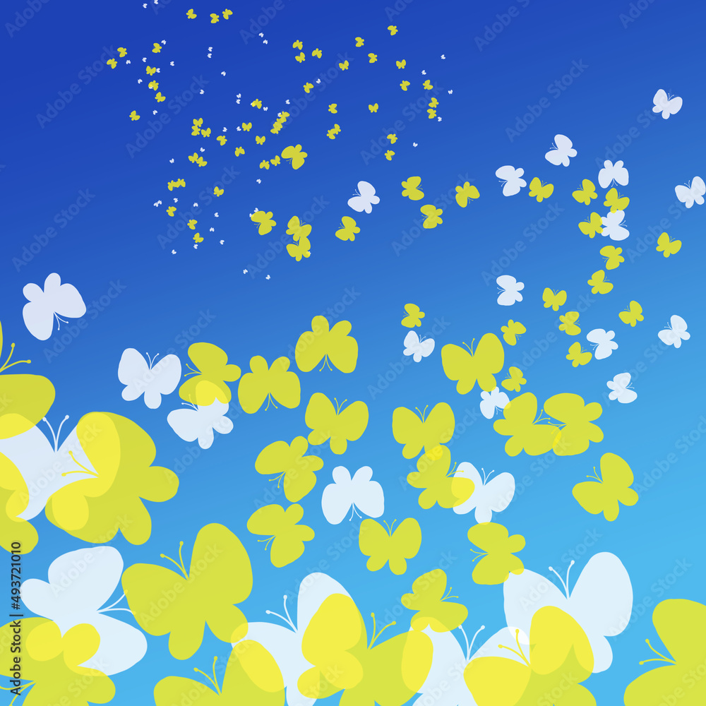 青空に舞い上がる白と黄色の蝶の群れ