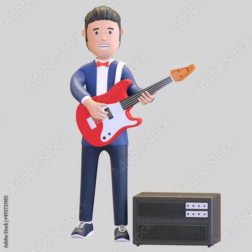 musician playing electric guitar character 3d illustration render