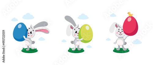 Happy easter, egg hunt flat kid's vector illustration. Set of easter bannies, hares, rabbits with painted eggs. Colorful flat vector illustration isolated on white background