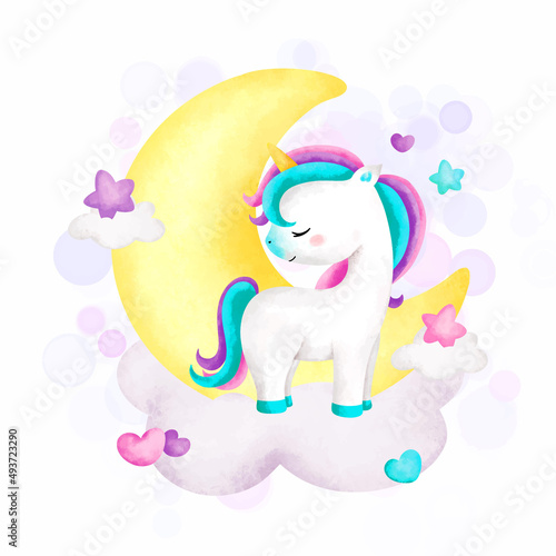 Watercolor Illustration Cute unicorn on the moon