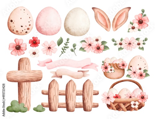 Watercolor illustration set of Easter elements 