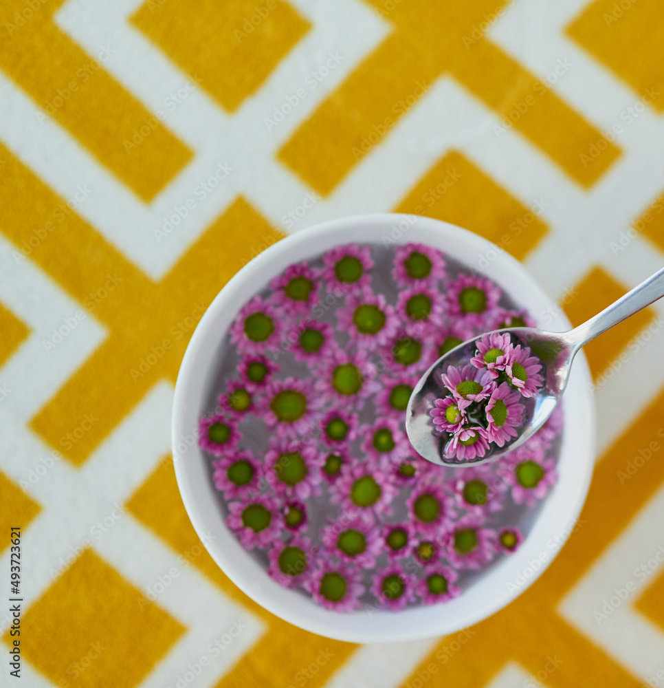 Beauty starts with nourishment. High angle shot of a bowl full of pretty pink flowers. Beauty starts with nourishment. High angle shot of a bowl full of pretty pink flowers.