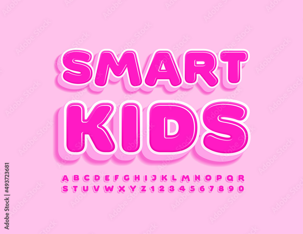 Vector creative Emblem Smart Kids. Cute Pink 3D Font. Modern Alphabet Letters and Numbers set