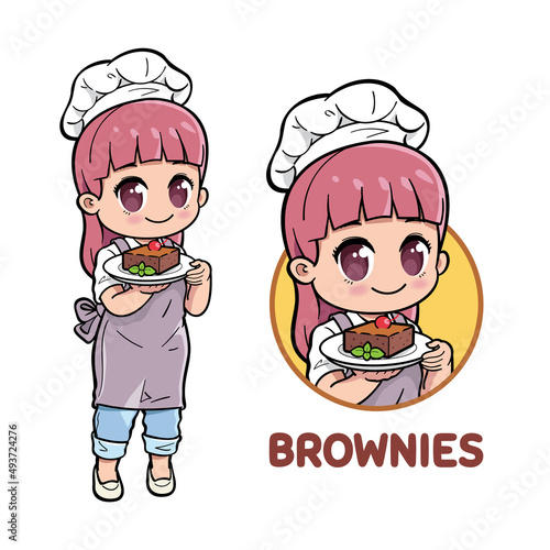 Cute female chef presenting brownies cake.