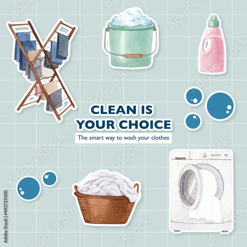 Sticker template with laundry day concept,watercolor style