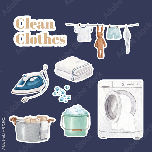 Sticker template with laundry day concept,watercolor style