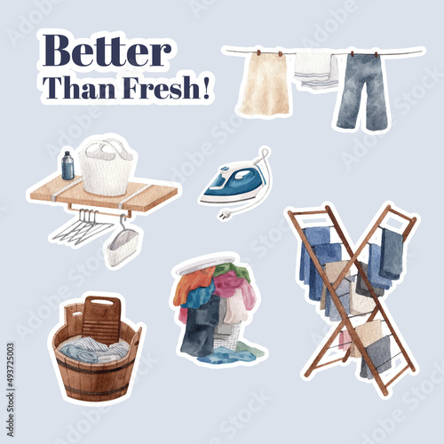 Sticker template with laundry day concept,watercolor style