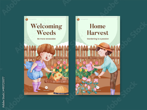 Instagram template with gardening home concept,watercolor style