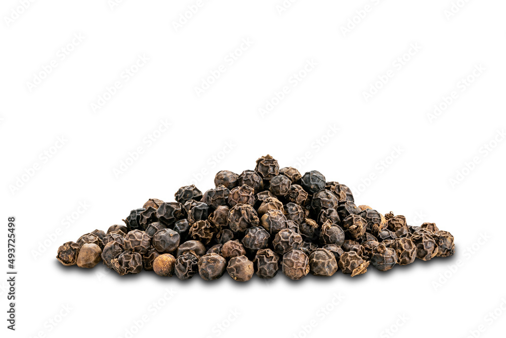 Closeup view pile of natural black pepper seeds on white background. Closeup view pile of natural black pepper seeds on white background.