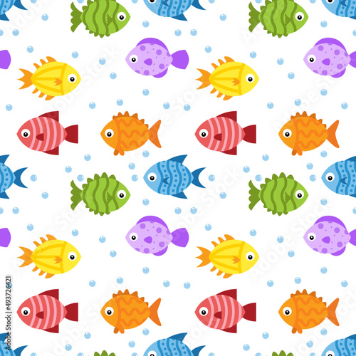 Colorful fish seamless pattern design. Texture fabric textile cartoon vector illustrations background 