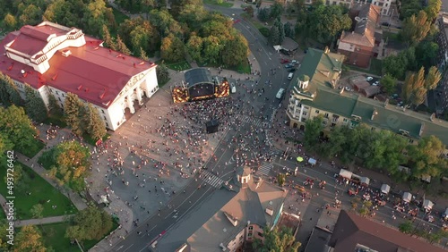 Mariupol, Ukraine, August 24, 2021: Drama theater in the city center. Mariupol before the war with Russia. Aerial view of cityscape. Ukrainian city in Donetsk region. photo