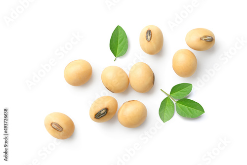 Flat lay of Soybeans with leaves isolated on white background. photo