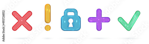 Set of 3d vector render icons. Checkmark, cross sign, lock and exclamation mark. Bright glossy glass design elements