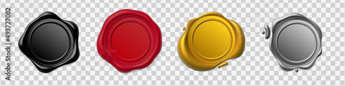 Seal wax 3d. Black, gold, red and silver Wax candle stamp. Realistic vector render design elements.