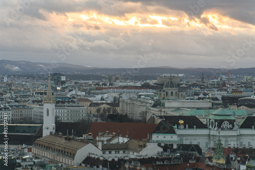 Panoramic view of Vienna from the South Tower of St Stephen Cathedral or Stephansdom, catholic church in Vienna, Austria