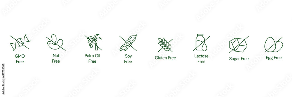 GMO-free, nut-free, palm oil-free, soy-free, gluten-free, lactose-free, sugar-free, egg-free line icon set vector illustration 