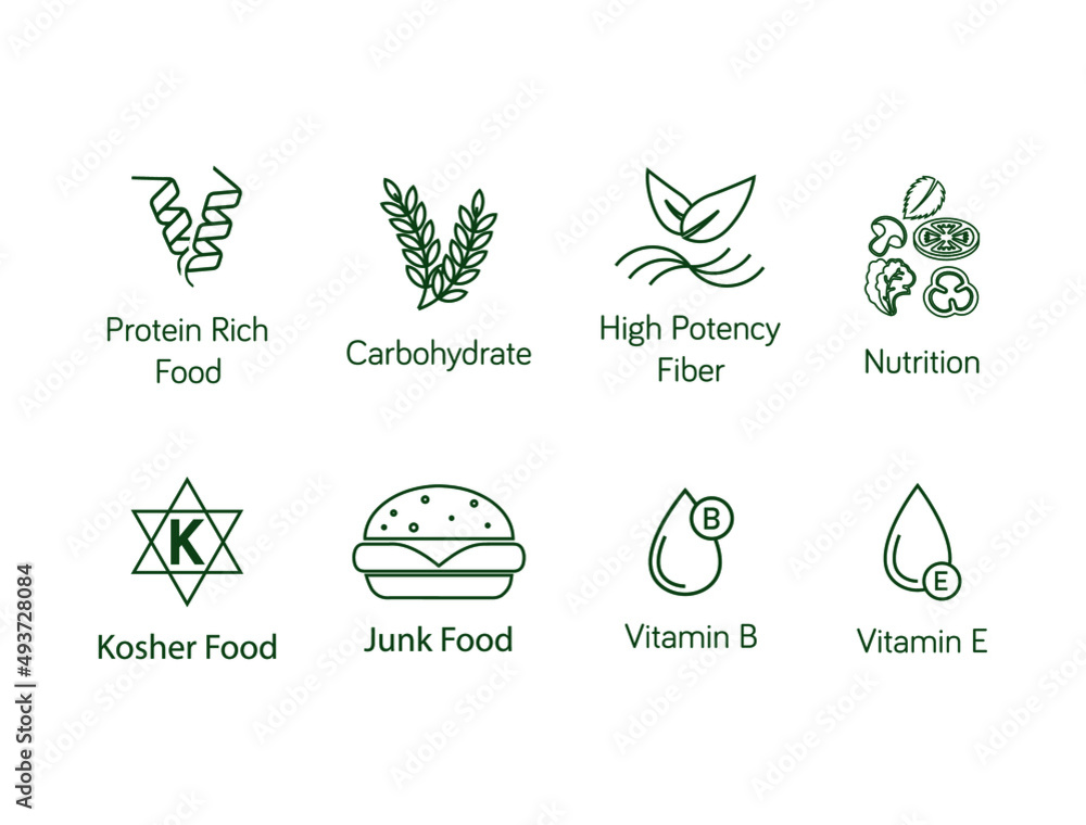 food quality icon set protein-rich food, carbohydrate, high potency fiber, nutrition, kosher food, junk food, vitamin b 