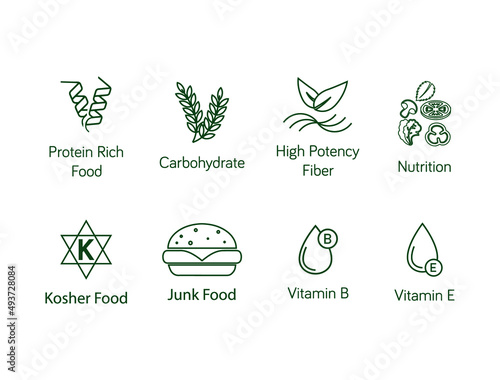 food quality icon set protein-rich food, carbohydrate, high potency fiber, nutrition, kosher food, junk food, vitamin b 