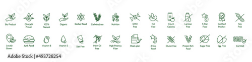 GMO, nut-free, count calories, lactose, 
soy-free, gluten, sugar, egg-free, protein, GMP, bio, natural, clinically proven, organic, locally grown, palm oil-free, nutrition,  kosher food, fiber, etc