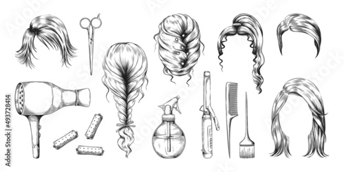 Barber equipment. Woman hairstyles and hairdresser tools. Haircut or wig models. Scissors, curlers and dryer. Hair comb, spray or curling iron. Vector beauty salon vintage sketches set
