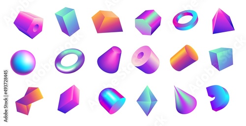 Gradient 3D shapes. Bright gradient geometric figures. Iridescent sphere cylinder and parallelepiped. Glossy pyramid. Holographic cone or ring. Sparkling cube. Vector abstract forms set