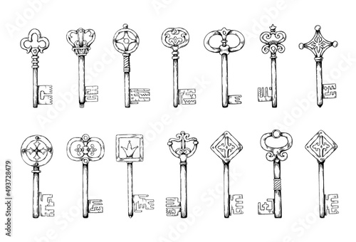 Hand drawn keys. Medieval latchkeys engraving. Vintage and antique door lock elements. Home safe and security. Retro openers. House privacy and secure. Old passkeys. Vector sketches set
