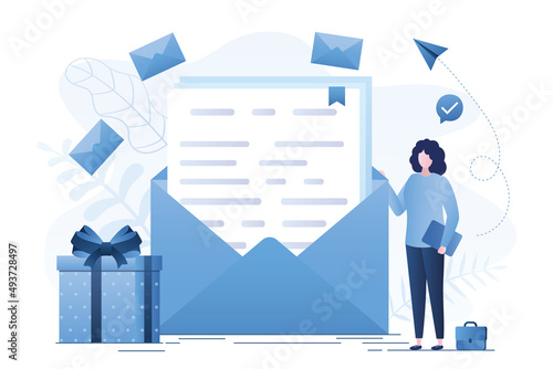 Businesswoman checks e-mail. Communication, business correspondence, woman reads letter. Advertising mailing, spam. Female character near large envelope. New message with gift.