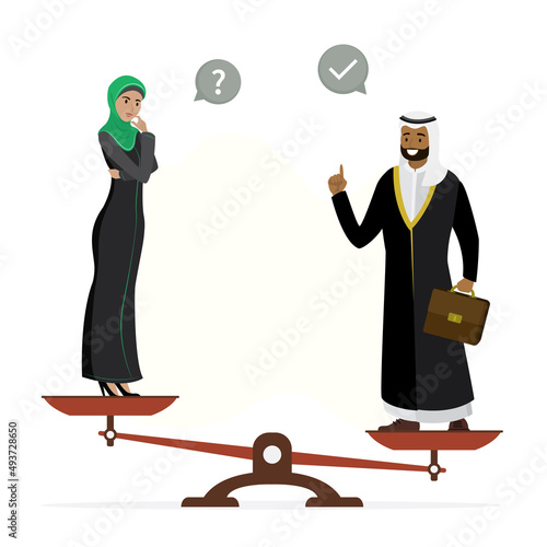 Muslim woman in hijab and arab businessman standing on scales. Gender inequality and discrimination. Various restrictions for arab women. Sexism, concept. Gender gap.