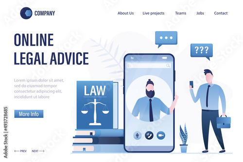 Online legal advice, landing page template. Remote consulting. Businessman uses mobile phone for consulting with attorney or notary. Big smartphone, justice and law application.