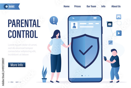 Parental control, landing page template. Mother have installed protection on child's mobile phone. Mom monitors use of smartphone by preschooler boy. Cell phone with security app.
