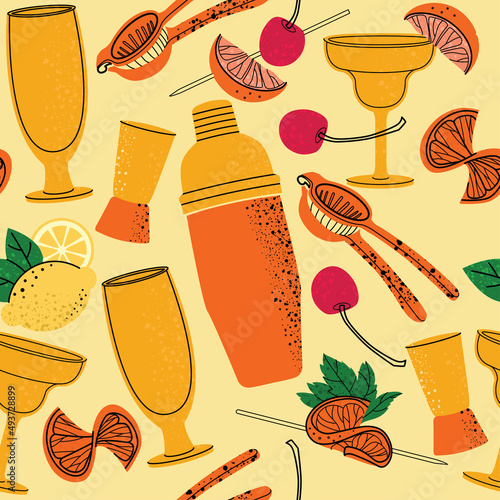 Vector bartender equipment seamless pattern. Vector orange bright illustration