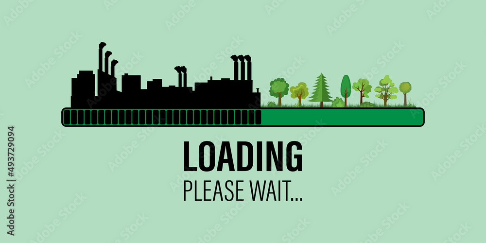 Countdown bar, loading, please wait. Black silhouette of factory, industries. Green forest and plants. Environmental pollution, deforestation. Climate change, ecological problems.