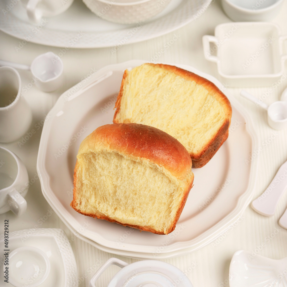 Homemade soft, fluffy white bread loaf, Japanese milk bread Homemade soft, fluffy white bread loaf, Japanese milk bread