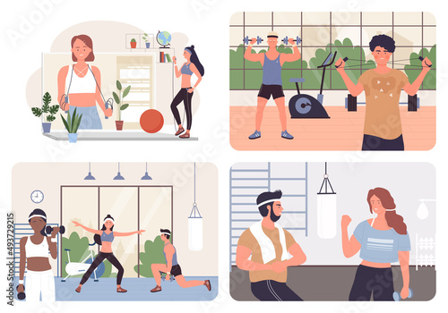 Physical workout exercises of sport people in gym set vector illustration. Cartoon woman man characters in sportswear training strength of muscles with dumbbell. Indoor healthy sport activity concept