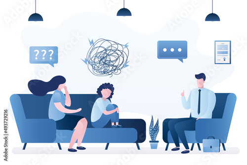 Psychiatrist appointment. Mother and daughter talking to doctor psychologist. Bullying, psychological pressure on teenager girl. Sad schoolgirl sits on sofa. Mental problems. Family troubles.
