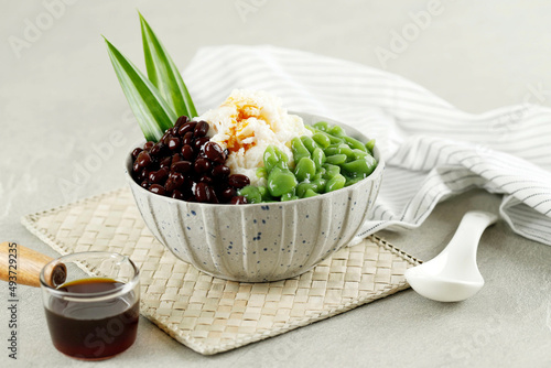 Malaysian Dessert : A Bowl of Cendol with Shredded Ice and Red Bean, Malay Popular Dessert photo