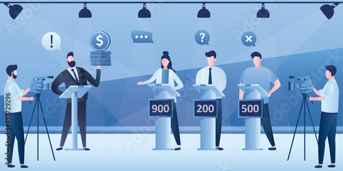 Quiz game. Players and presenter in tv studio. Interior with furniture. Place for filming TV program. Racks with numbers. Cameramen create video content. Media entertainment.